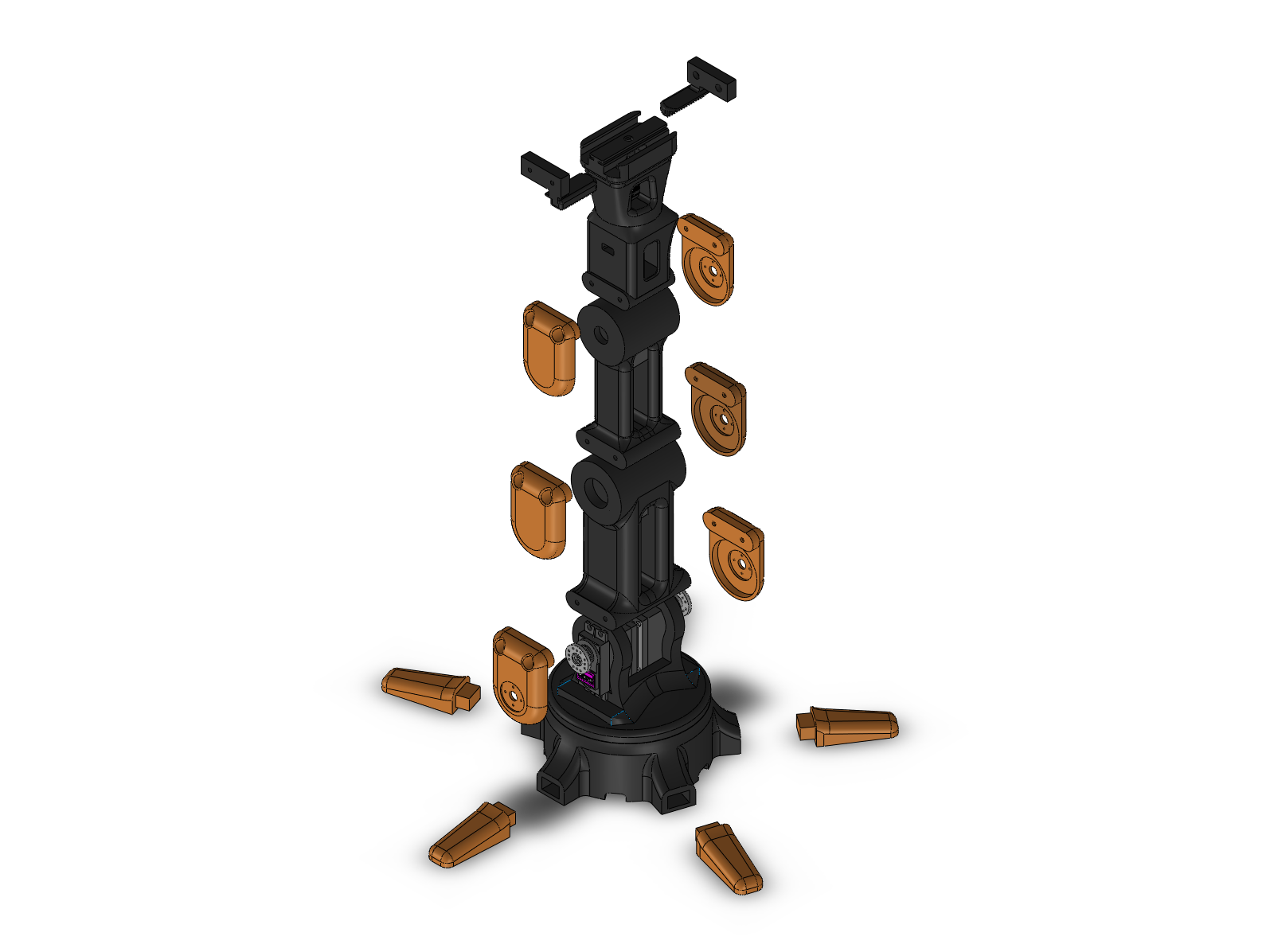 Exploded view of the robotic arm assembly in SolidWorks