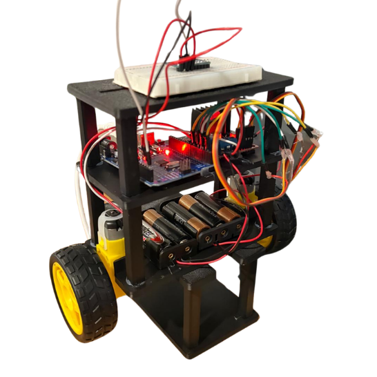The finished self-balancing robot on its printed three-deck chassis