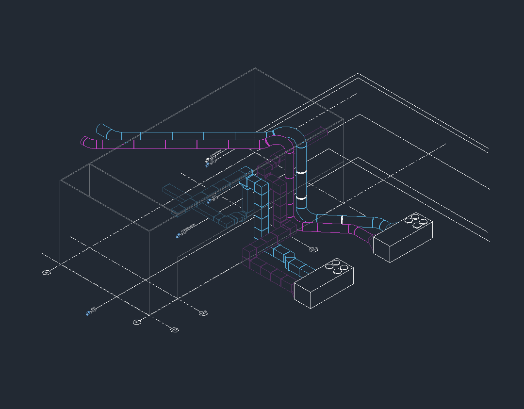 AutoCAD isometric of the rerouted duct and the two relocated units